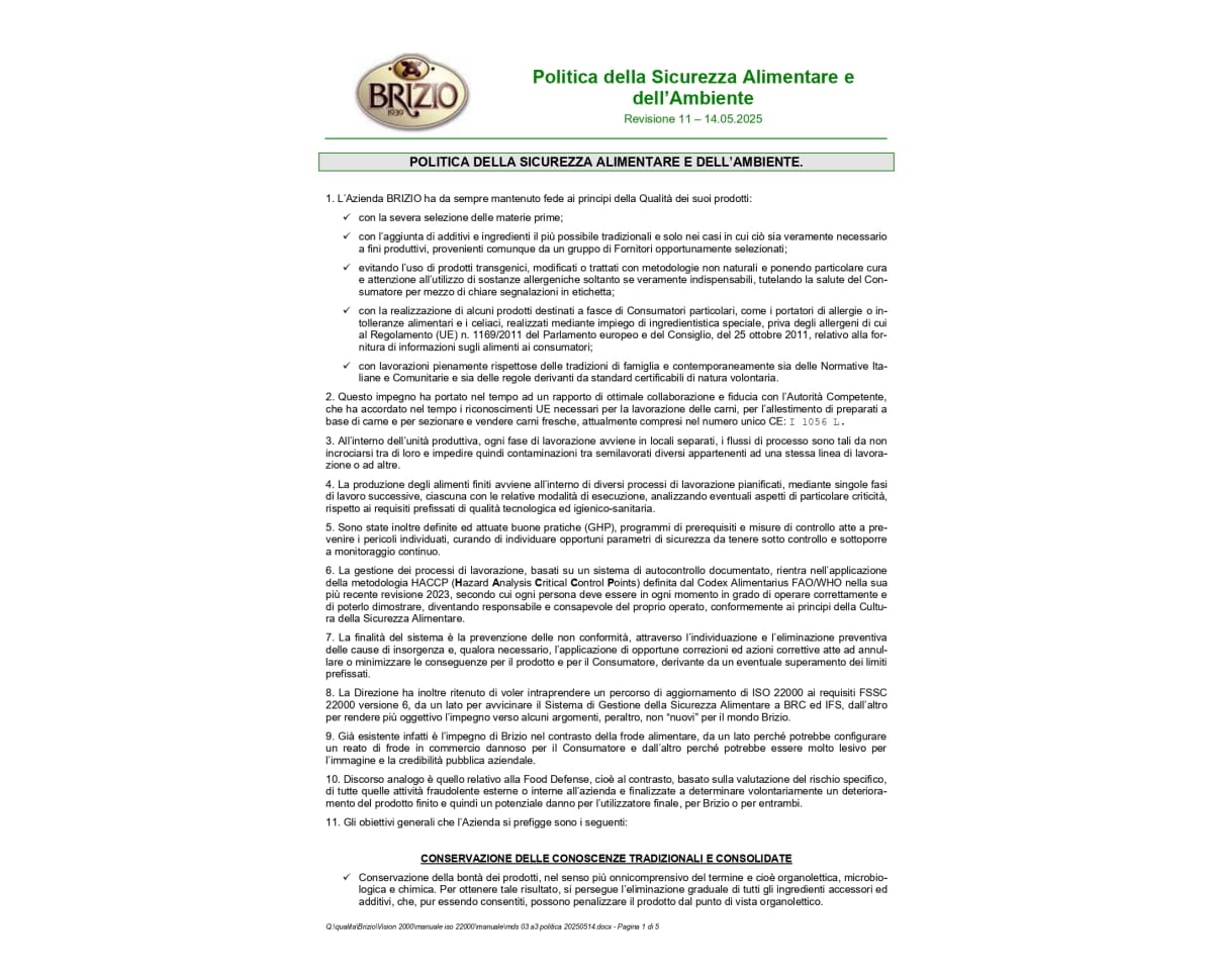 Salumificio Brizio | Politica della Sicurezza Alimentare, dell'Ambiente e dell'Energia