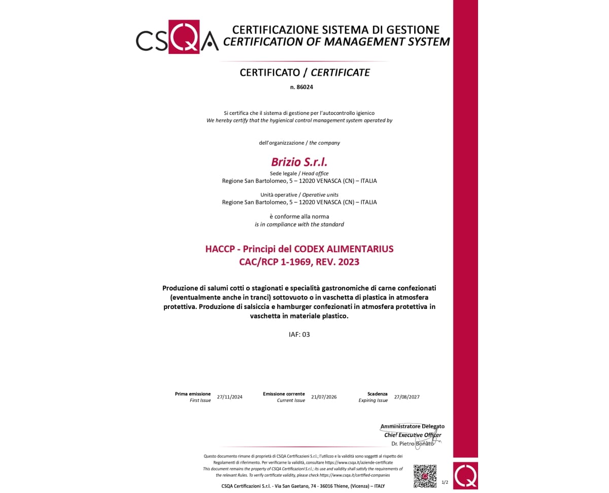 Salumificio Brizio | Certificazione HACCP - Qualita