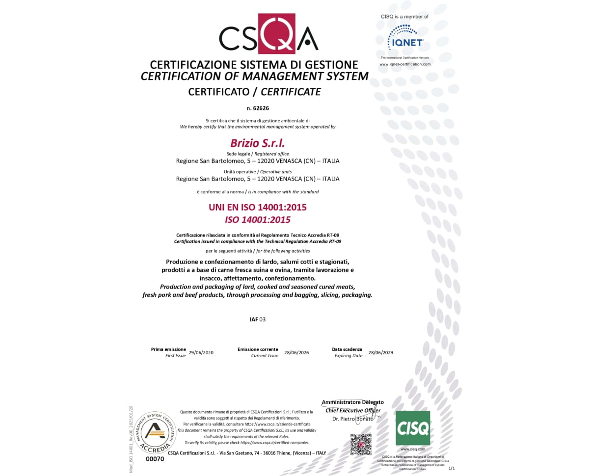 Salumificio Brizio | CertificazioneISO 14001